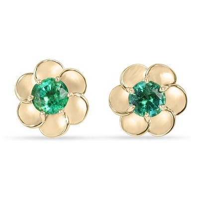 0.91tcw Floral Design Round Cut Emerald Stud Solitaire Prong Earrings 14K