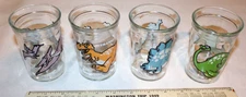 4 Welchs 1988 Jelly Jar Dinosaur Glasses Set Trex Brontosaurus Tom & Jerry NICE