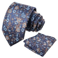 Mens Floral Necktie with Pocket Square for Wedding Party Tie 129-navy brown