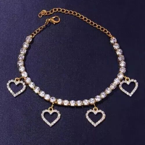 Juego de tobillera redonda de tenis y corazones de moissanita de 10 quilates para mujer en oro amarillo de 10 quilates - Imagen 1 de 7