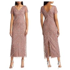 Pisarro Nights Beaded Mesh Overlay Cocktail Dress Mauve 4 NWT