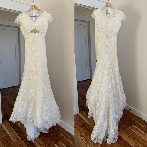 BHLDN Couture Designer A-Line Lace Guipure Button Train Wedding Dress Gown 0/2 - Picture 7 of 15