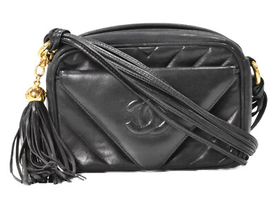 AUTH CHANEL FRINGE V-STITCH SHOULDER BAG IN BLACK LEATHER