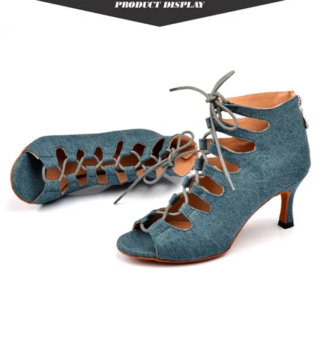 Women Denim Blue Latin Dance boots high heel Performance Ballroom Dance Shoes - Picture 21 of 29