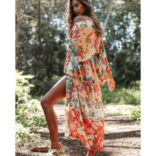 New Retro Vintage Floral Sheer Chiffon Kimono Gypsy Robe Duster Red Teal Medium