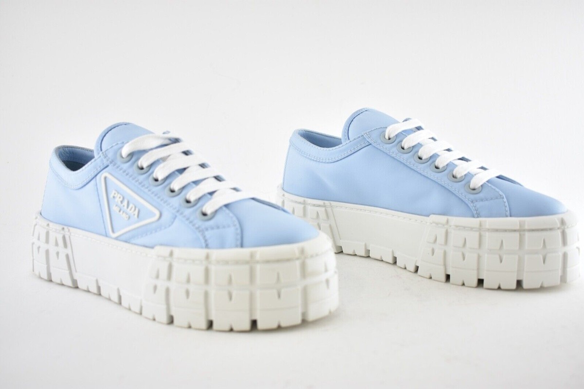Prada Cielo Blue Nylon White Platform Lug Sole Flat Low Top  display picture 1