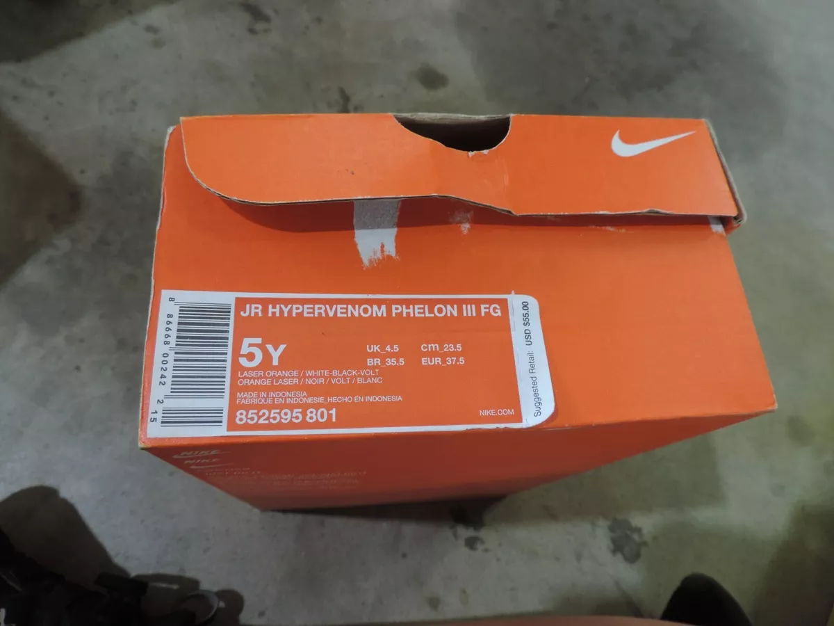 Nike Jr Hypervenom Phelon III FG size 5 Youth Laser Orange White