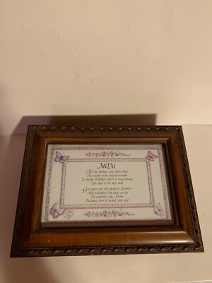 WOODEN MUSIC BOX GLASS TOP WITH POEM FOR MOTHER   ESTATE FIND  NICE MUSIC BOX