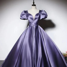 2024 Princess Short Sleeves Wedding Dresses Satin A Line Bridal Gowns Purple