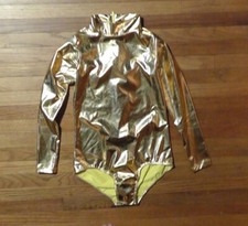 New Women's Shiny Metallic Bodysuit Long Sleeve Turtleneck Dance Leotard Gold M
