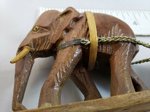 Vintage Handcarved Wooden Elephant Figurine Pulling Log with Chain - Picture 6 of 7