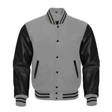 Men Varsity Letterman Jackets College Baseball Wool Genuine Leather Jacket Black