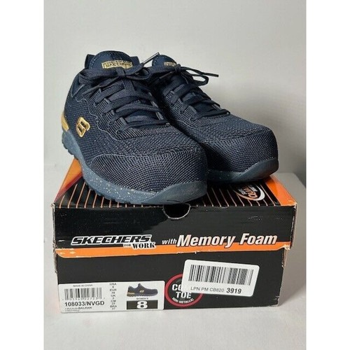 NWB Skechers Womens Bulkin-Balran Comp Toe Work Shoes Sneakers Navy Gold Size 8