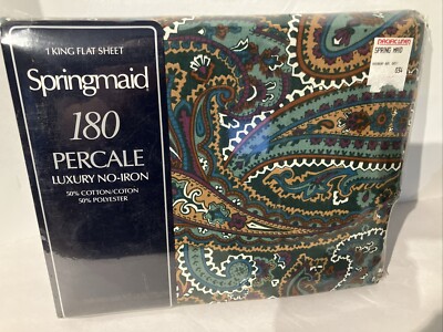 Vintage Springmaid 180 Ct Percale King Flat Sheet Woodbury Green New