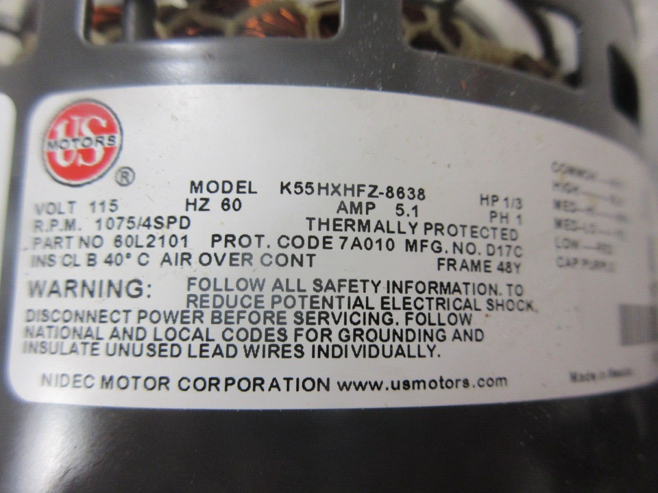 1/3 HP LENNOX ARMSTRONG 60L2101 US MOTORS K55HXHFZ8638 FURNACE BLOWER