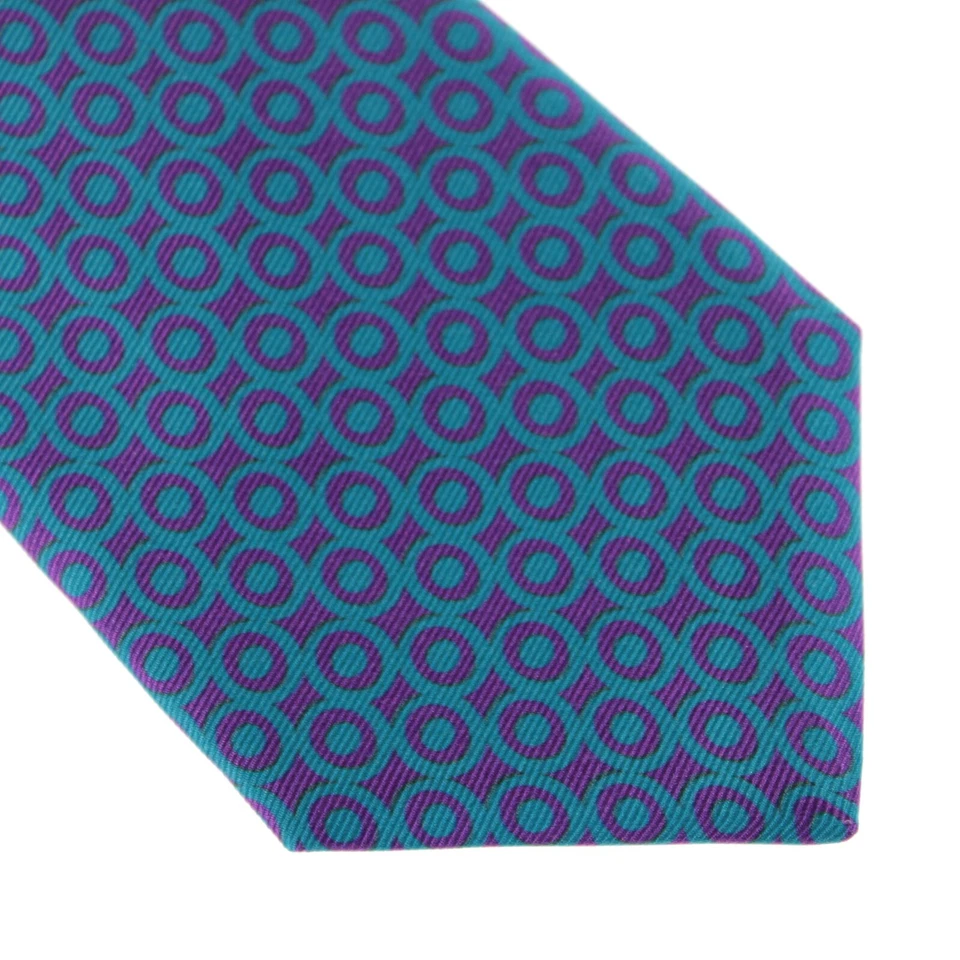 Corbata Kiton nueva sin etiquetas 100 % seda siete pliegues en azul verdoso con patrón geográfico púrpura Foto 2 de 4