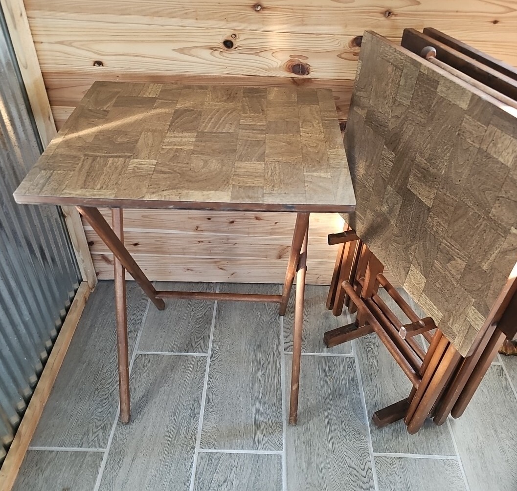Vintage MCM SCHEIBE TV Table Wood Folding Trays Set Of 4 with stand