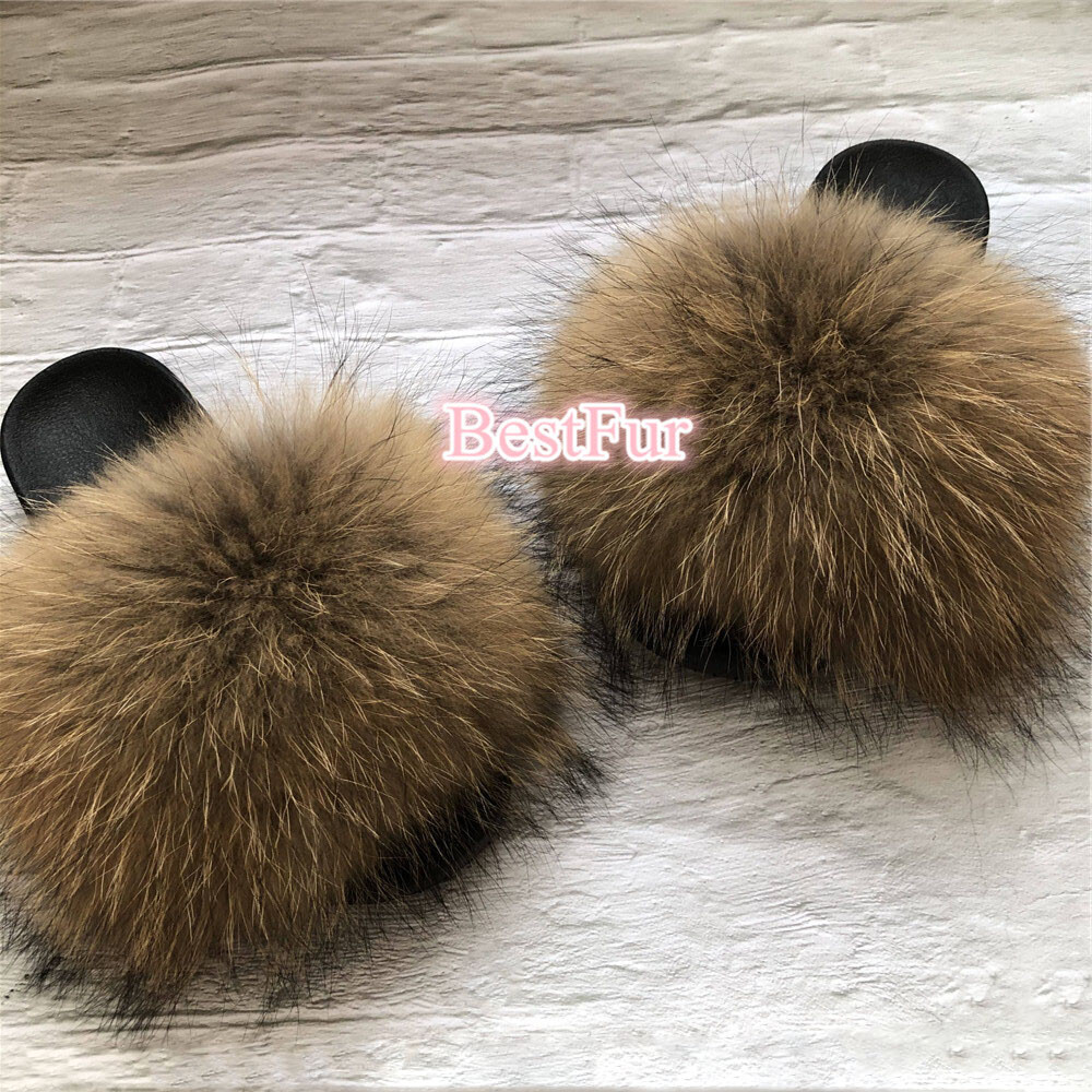 SAOLA Ciabatte ciabatte scarpe basse Max Large XXL vera pelliccia di procione marrone naturale