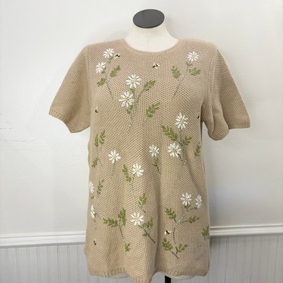 Vintage White Stag Size 14W/16W Sweater Tan Embroidered Daisy Bumble Bee Cottage