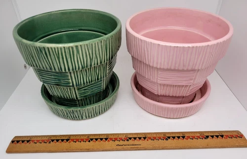 2 VINTAGE MCCOY POTTERY BASKET WEAVE FLOWER POTS -  1 GREEN & 1 PINK