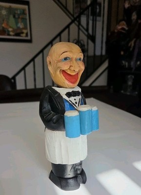 Vintage Hand Carved Painted Wood Bartender Figure Bar Man Shoe Brush Holder