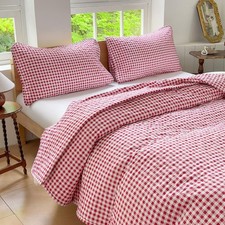NSNLGSGC Red Gingham Twin Quilt Set, Soft Pre-Washed Microfiber Red Plaid Twin B