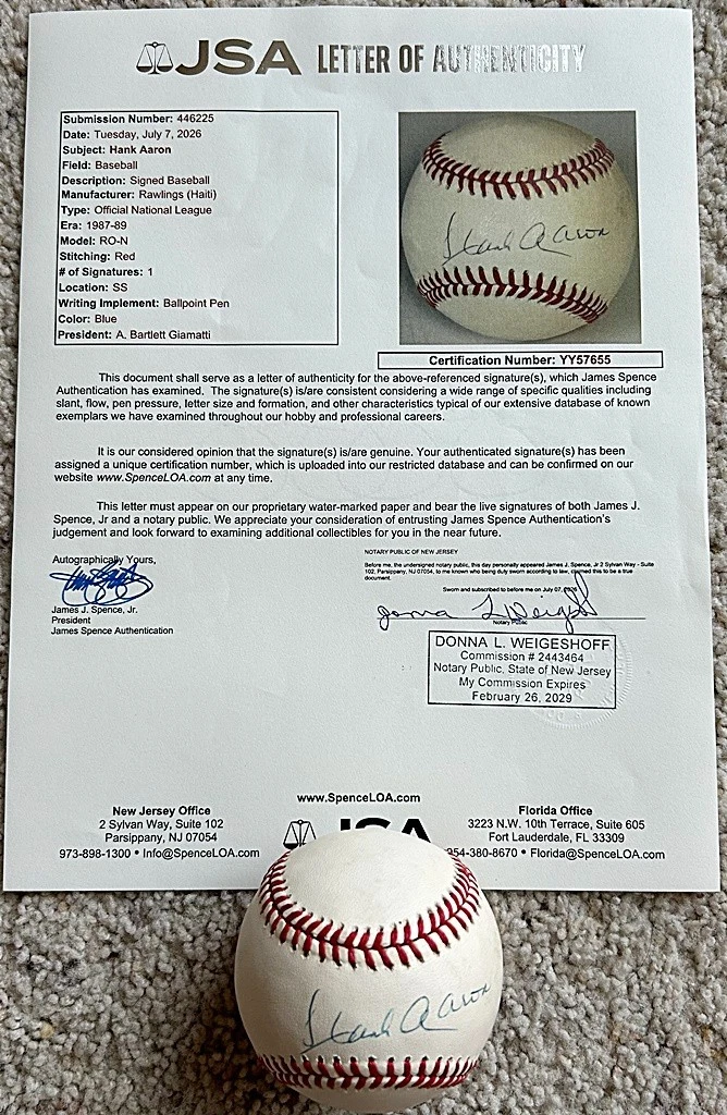 James Spence Authentication (JSA) Hank Aaron MLB Original