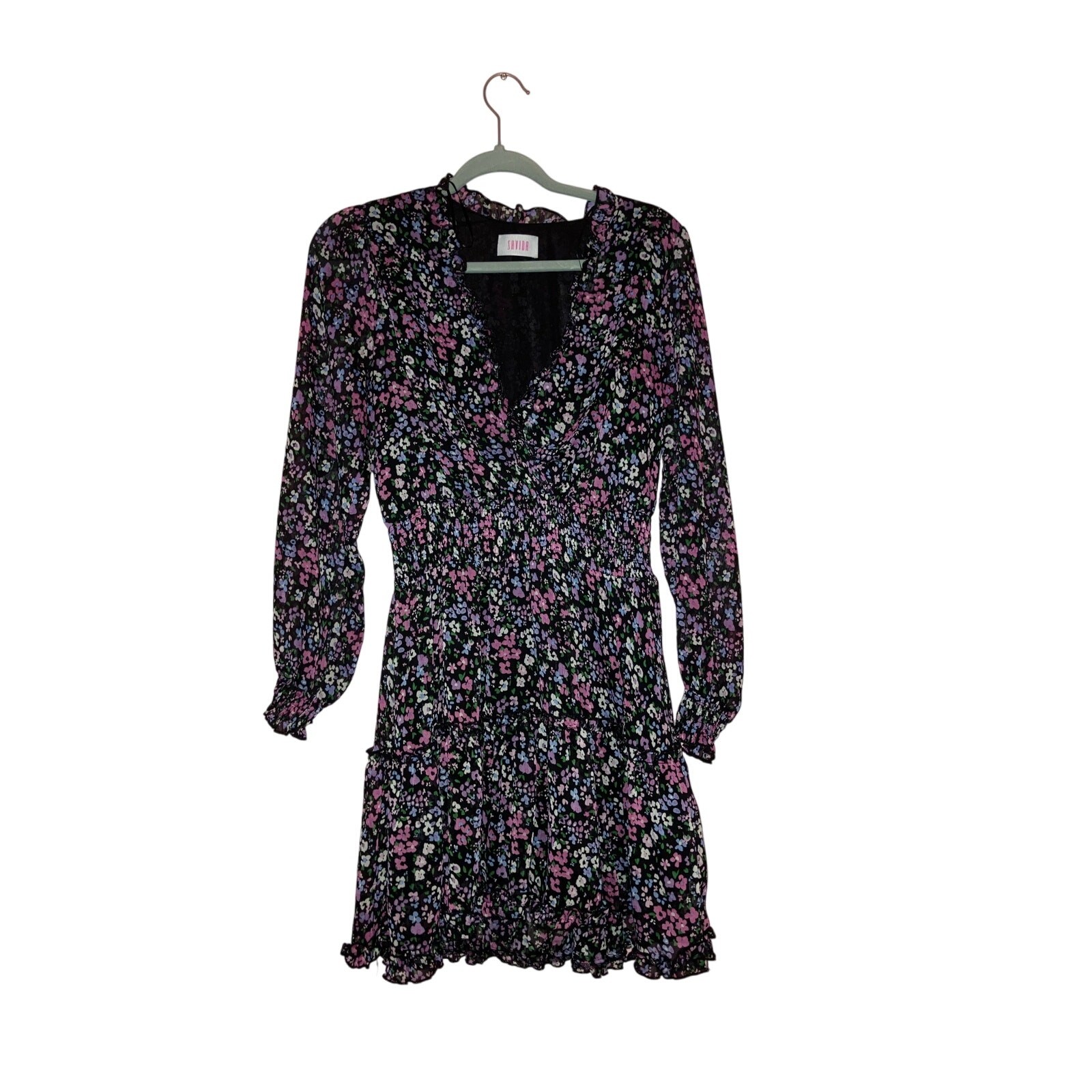 Savida Black Floral Smocked Tiered Ruffle Long Sleeve Mini Dress Size Medium