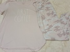 Rae Dunn S Women's FIRST COFFEE Pajamas set Small Pants Top Outfit E3