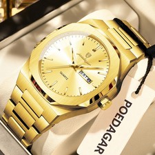 POEDAGAR Men's Quartz Watch Date Week Display Waterproof Stainless Steel