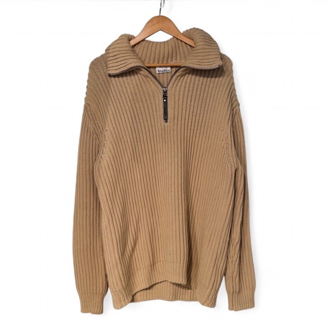 Acne Studios Men’s Tan Oversized Knit Quarter Zip Sweater, Size Medium
