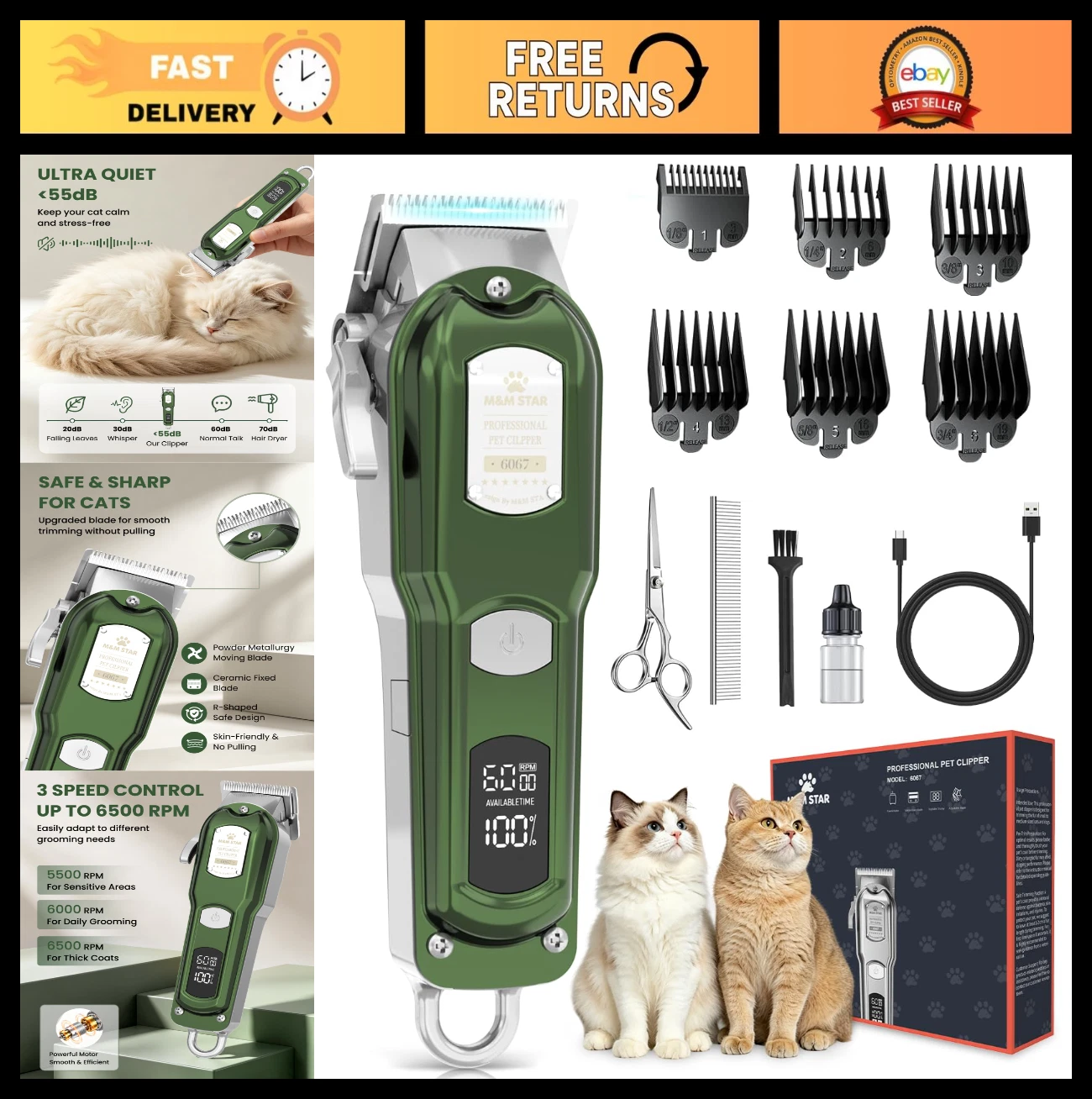 Cordless Cat Clippers for Matted Hair, 3-Speed Quiet Trimmer, All-Metal Grooming