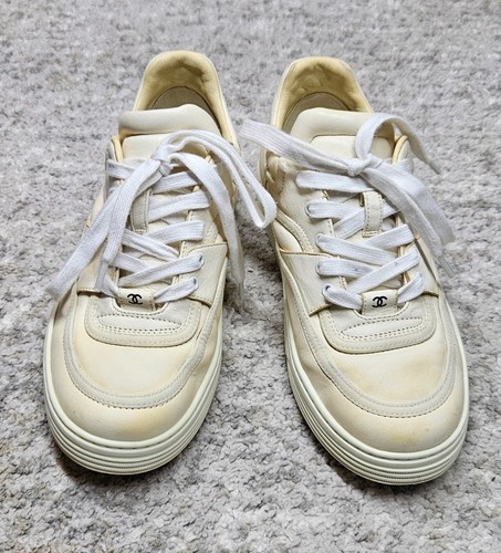 Chanel Cc Logo Ivory Cream Leather Womans Sneakers Size 36 EU