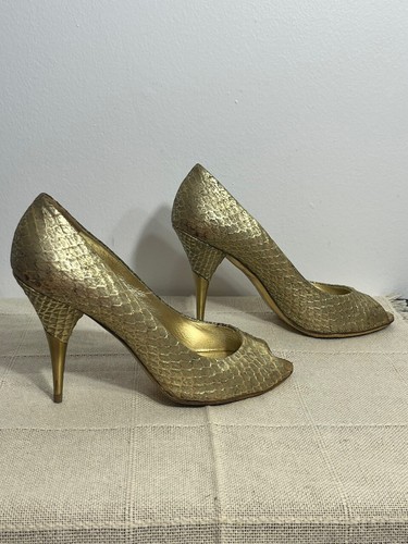 Miu Miu Gold Snakeskin Leather Peep-Toe Heels, Size 38 (US 8) – Made in Italy - Picture 2 of 24