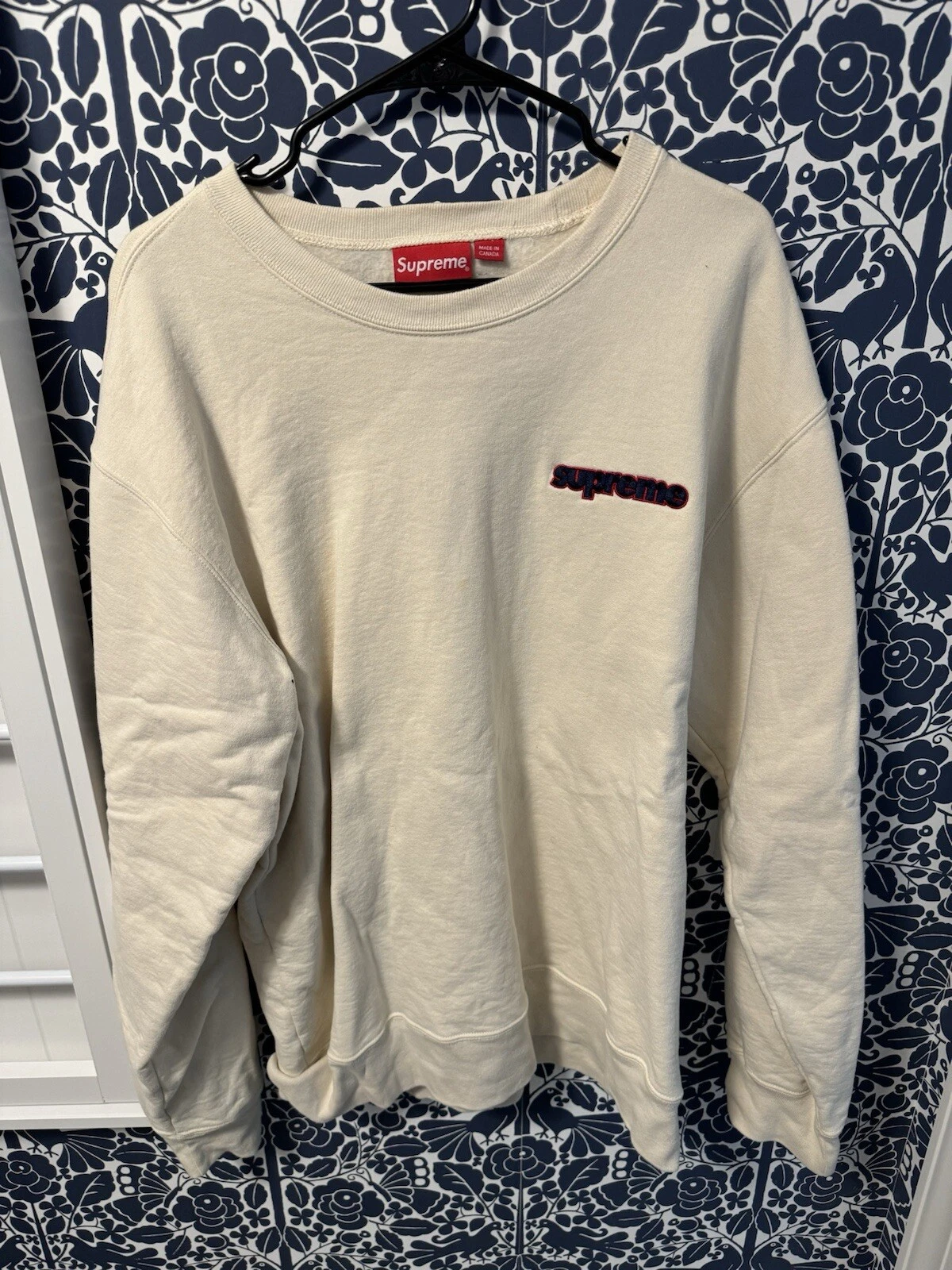 Sweat col rond Supreme New York Connect FW18 crème naturelle blanc logo XL