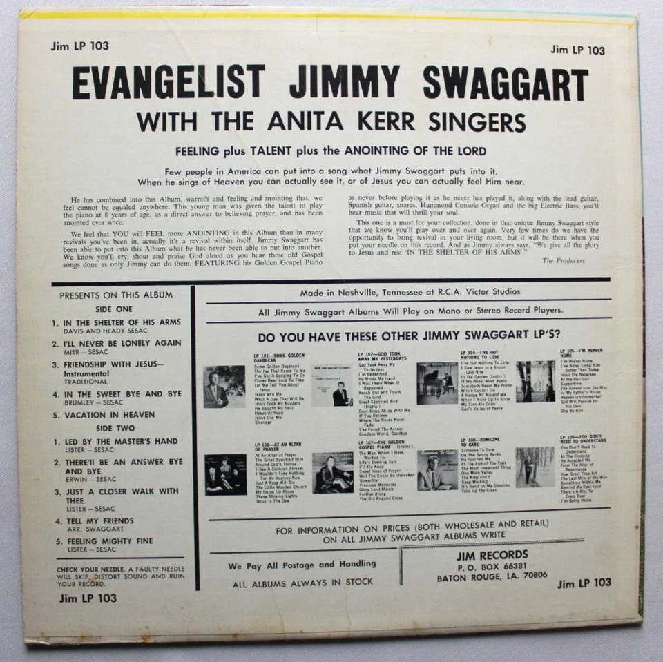 JIMMY SWAGGART IN THE SHELTER OF HIS ARMS LP 12" XIAN PRIVATE PRESS GOSPEL - Image 2 of 2