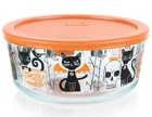 1 PYREX 7-Cup *FIENDISH FRIENDS Halloween Storage Bowl CATS BATS PUMPKINS SKULLS
