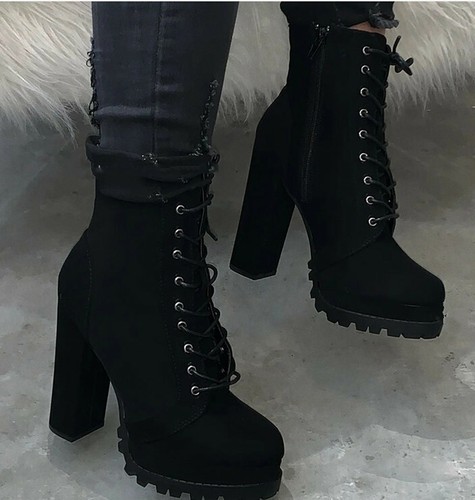 New Women's Ankle Boots High Block Heels Lace Up Platform Punk Chunky Boot Shoes - Picture 3 of 14
