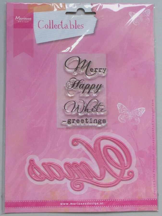 Marianne Collectables Craft Xmas Die & Rubber Stamps Merry Happy White Greetings