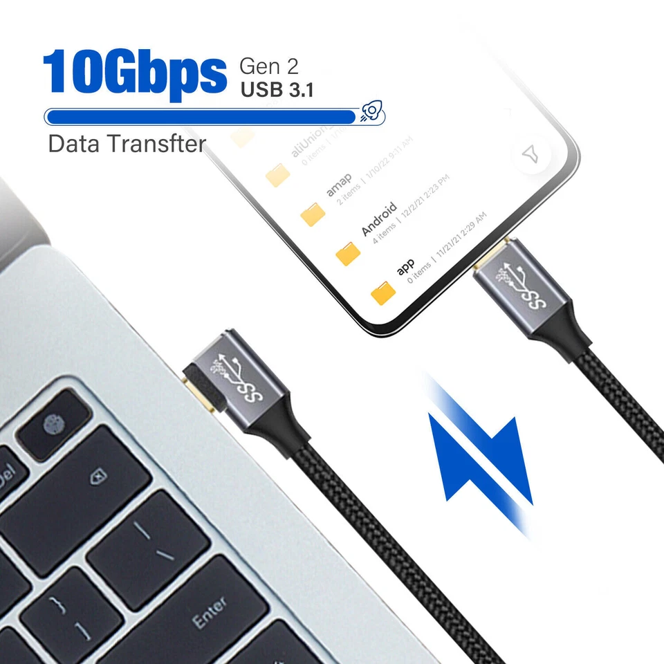 100W 5A PD USB 3.1 90 Degree Type C Braided Cable Data Fast Charging Cord Lead - Image 4 of 4