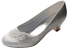 HBH Satin Brautschuhe Pumps Hochzeit,innen ausgepolstert,Perlen und Spitze,Ivory