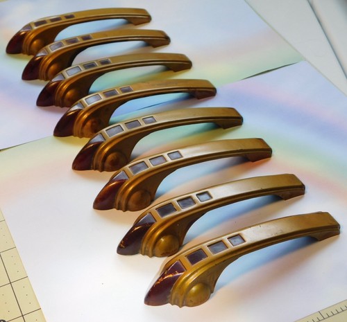 Set Of 8 Art Deco Brass Tone Vertical Drawer Pull Claw Handles w Red Enamel 5.5" - Picture 3 of 24