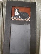 Folk Art Vintage Cat Painting and Slate Mock Window Decor Chalkboard OOAK Neat