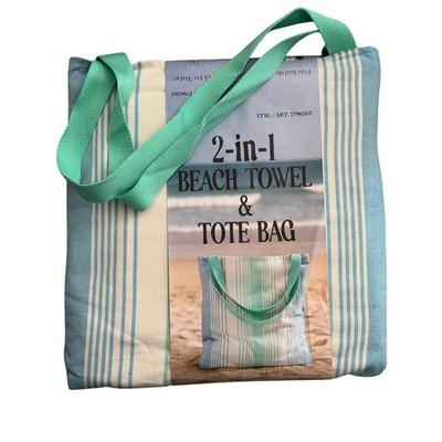 2-in-1 Beach Towel & Tote Bag, 100% Cotton, Striped, 40x72 Multicolor