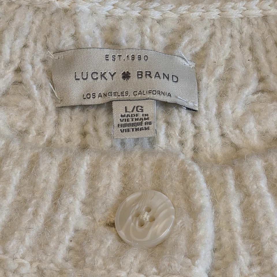 Lucky Brand Cream Cable Knit Button Front Cardigan Sweater Women’s L Chunky Soft - Image 4 of 4