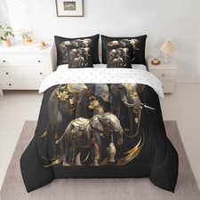 7 Pieces Size Elephant Comforter Set,Golden Flowers Exotic Twin Black Golden