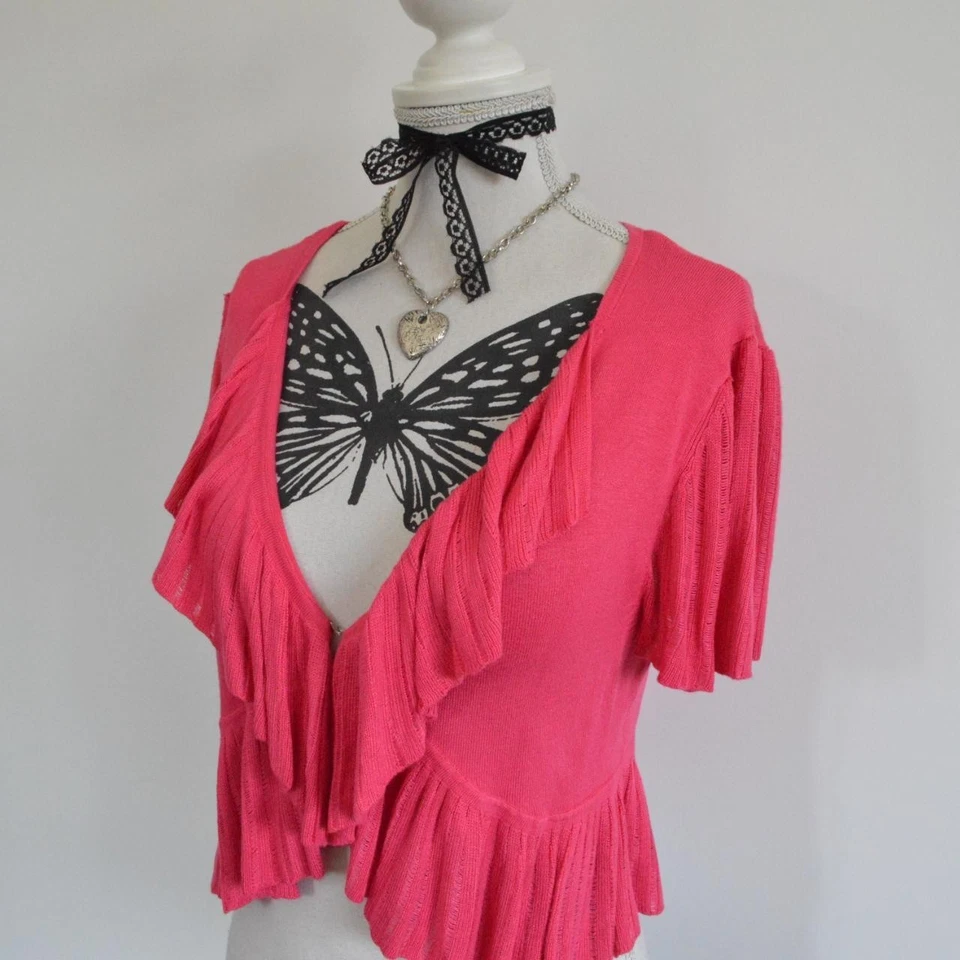 Cárdigan recortado bolero rosa intenso vintage y2k 00s 2000 capas Barbie lindo M Foto 3 de 4