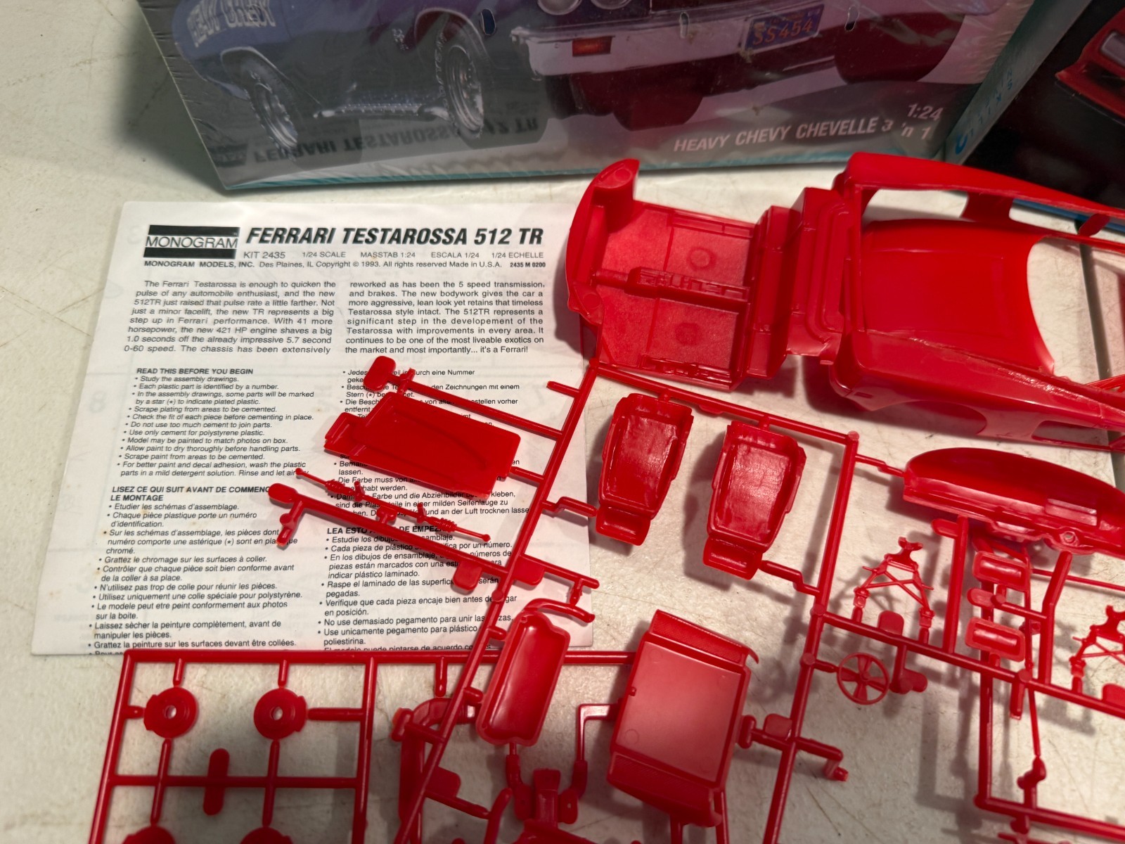 Lot 3 Monogram Model Car Kits Ferrari Testarossa Camaro Chevy Parts