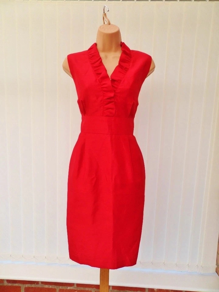 JESSICA HOWARD CORAL RED FRILL 40'S 50'S SILKY PENCIL MIDI DRESS 12 BNWT £130 - Image 1 of 4
