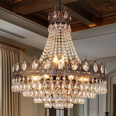 French Empire Crystal Chandelier, 9-Light Farmhouse Antique Bronze Chandelier Vi